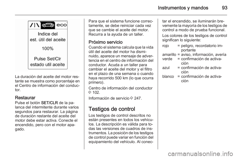 OPEL CASCADA 2015.5 Manual de Instrucciones (in Spanish) Instrumentos y mandos93
La duración del aceite del motor res‐
tante se muestra como porcentaje en
el Centro de información del conduc‐
tor.
Restaurar
Pulse el botón SET/CLR de la pa‐
lanca d OPEL CASCADA 2015.5 Manual de Instrucciones (in Spanish) Instrumentos y mandos93
La duración del aceite del motor res‐
tante se muestra como porcentaje en
el Centro de información del conduc‐
tor.
Restaurar
Pulse el botón SET/CLR de la pa‐
lanca d