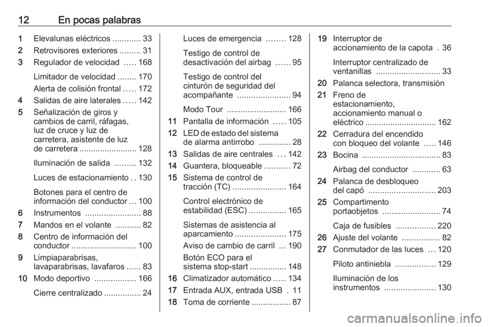 OPEL CASCADA 2016 Manual de Instrucciones (in Spanish) 12En pocas palabras1Elevalunas eléctricos ............33
2 Retrovisores exteriores .........31
3 Regulador de velocidad .....168
Limitador de velocidad ........170
Alerta de colisión frontal .....1 OPEL CASCADA 2016 Manual de Instrucciones (in Spanish) 12En pocas palabras1Elevalunas eléctricos ............33
2 Retrovisores exteriores .........31
3 Regulador de velocidad .....168
Limitador de velocidad ........170
Alerta de colisión frontal .....1
