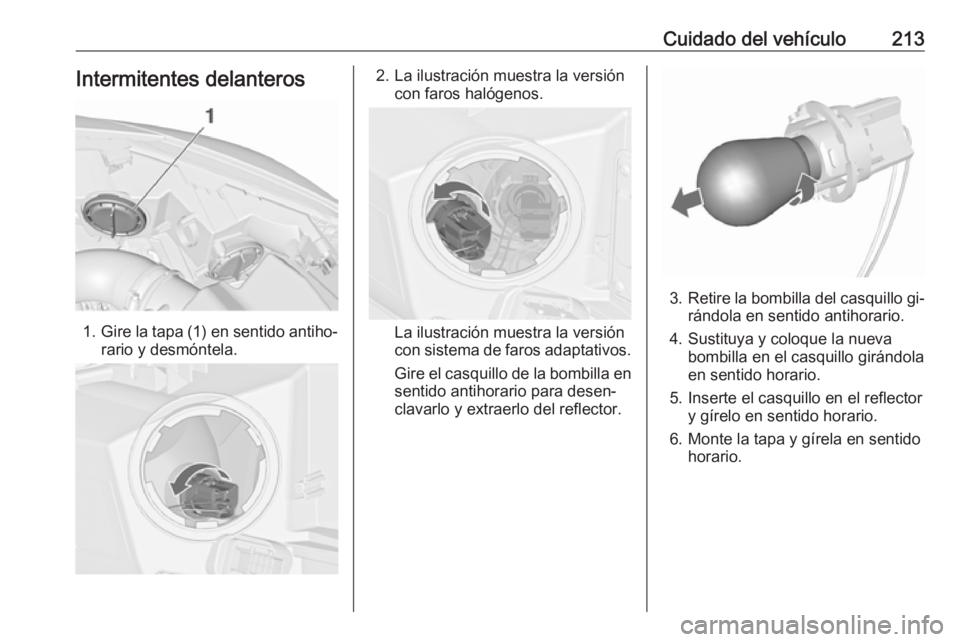 OPEL CASCADA 2016  Manual de Instrucciones (in Spanish) Cuidado del vehículo213Intermitentes delanteros
1.Gire la tapa (1) en sentido antiho‐
rario y desmóntela.
2. La ilustración muestra la versión con faros halógenos.
La ilustración muestra la ve