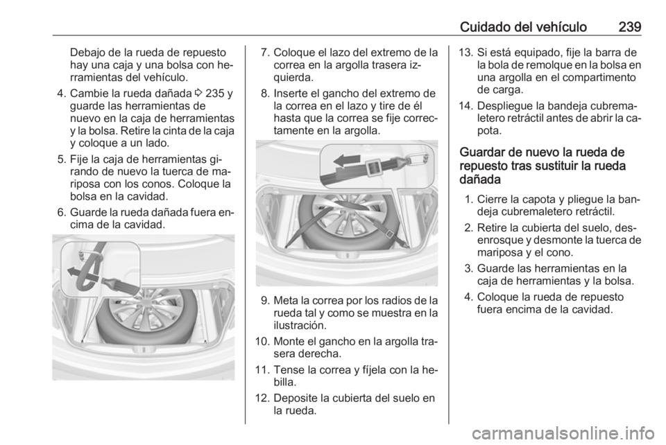 OPEL CASCADA 2016  Manual de Instrucciones (in Spanish) Cuidado del vehículo239Debajo de la rueda de repuesto
hay una caja y una bolsa con he‐
rramientas del vehículo.
4. Cambie la rueda dañada  3 235 y
guarde las herramientas de
nuevo en la caja de h