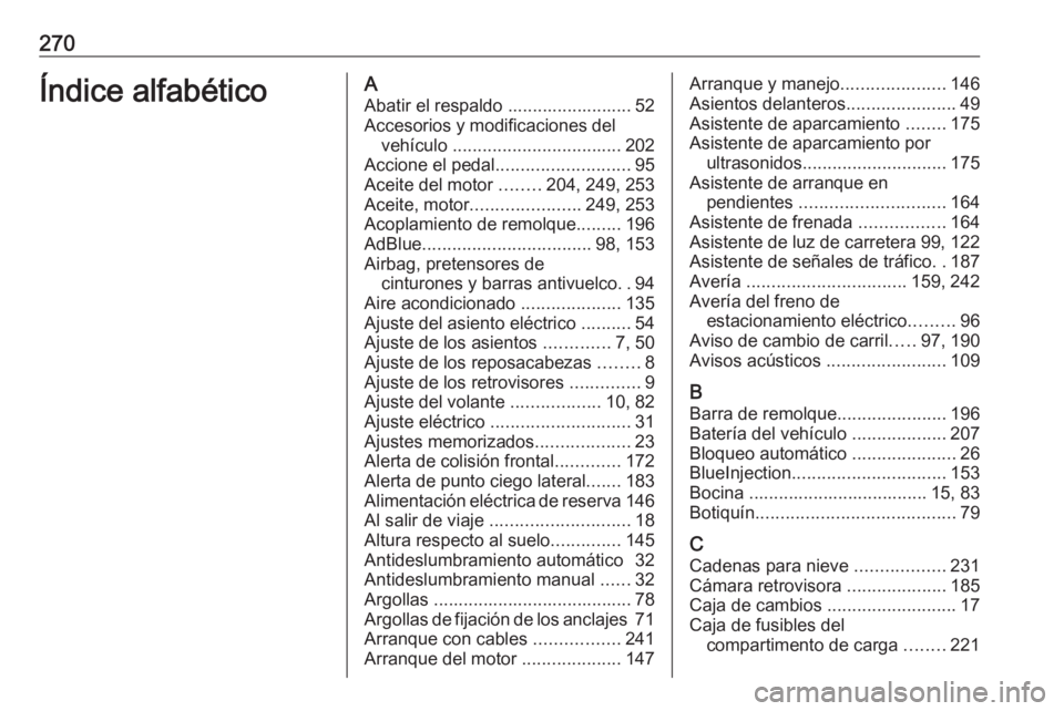 OPEL CASCADA 2016 Manual de Instrucciones (in Spanish) 270Índice alfabéticoAAbatir el respaldo ......................... 52
Accesorios y modificaciones del vehículo .................................. 202
Accione el pedal ........................... 95 OPEL CASCADA 2016 Manual de Instrucciones (in Spanish) 270Índice alfabéticoAAbatir el respaldo ......................... 52
Accesorios y modificaciones del vehículo .................................. 202
Accione el pedal ........................... 95