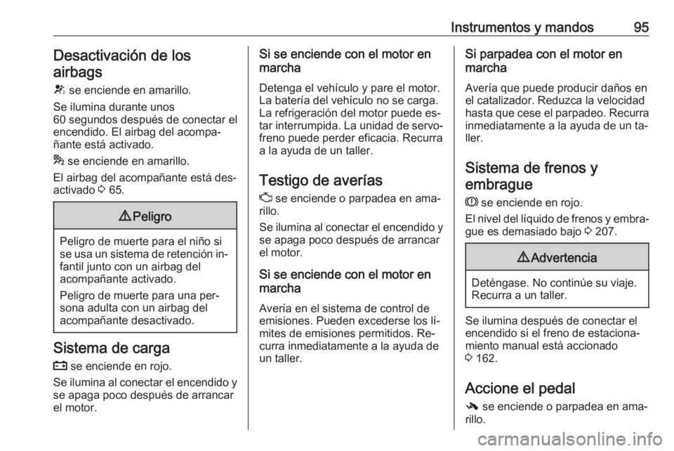 OPEL CASCADA 2016 Manual de Instrucciones (in Spanish) Instrumentos y mandos95Desactivación de los
airbags
V se enciende en amarillo.
Se ilumina durante unos
60 segundos después de conectar el
encendido. El airbag del acompa‐
ñante está activado.
* OPEL CASCADA 2016 Manual de Instrucciones (in Spanish) Instrumentos y mandos95Desactivación de los
airbags
V se enciende en amarillo.
Se ilumina durante unos
60 segundos después de conectar el
encendido. El airbag del acompa‐
ñante está activado.
*