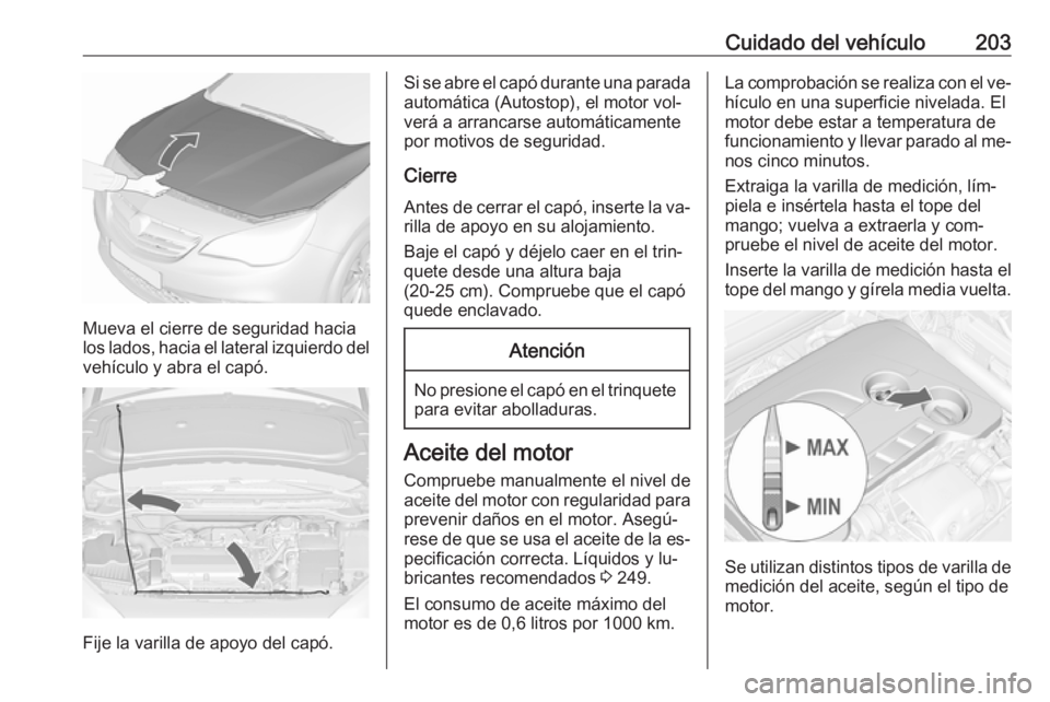 OPEL CASCADA 2016.5 Manual de Instrucciones (in Spanish) Cuidado del vehículo203
Mueva el cierre de seguridad hacia
los lados, hacia el lateral izquierdo del
vehículo y abra el capó.
Fije la varilla de apoyo del capó.
Si se abre el capó durante una par OPEL CASCADA 2016.5 Manual de Instrucciones (in Spanish) Cuidado del vehículo203
Mueva el cierre de seguridad hacia
los lados, hacia el lateral izquierdo del
vehículo y abra el capó.
Fije la varilla de apoyo del capó.
Si se abre el capó durante una par