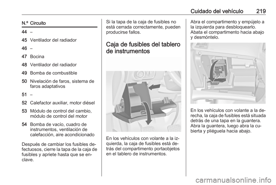 OPEL CASCADA 2016.5 Manual de Instrucciones (in Spanish) Cuidado del vehículo219N.ºCircuito44–45Ventilador del radiador46–47Bocina48Ventilador del radiador49Bomba de combustible50Nivelación de faros, sistema de
faros adaptativos51–52Calefactor auxi OPEL CASCADA 2016.5 Manual de Instrucciones (in Spanish) Cuidado del vehículo219N.ºCircuito44–45Ventilador del radiador46–47Bocina48Ventilador del radiador49Bomba de combustible50Nivelación de faros, sistema de
faros adaptativos51–52Calefactor auxi