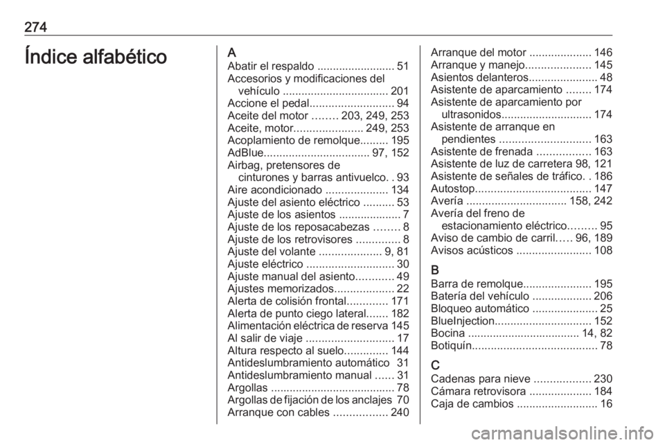 OPEL CASCADA 2016.5 Manual de Instrucciones (in Spanish) 274Índice alfabéticoAAbatir el respaldo ......................... 51
Accesorios y modificaciones del vehículo .................................. 201
Accione el pedal ........................... 94 OPEL CASCADA 2016.5 Manual de Instrucciones (in Spanish) 274Índice alfabéticoAAbatir el respaldo ......................... 51
Accesorios y modificaciones del vehículo .................................. 201
Accione el pedal ........................... 94
