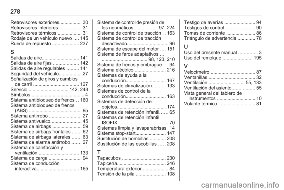 OPEL CASCADA 2016.5  Manual de Instrucciones (in Spanish) 278Retrovisores exteriores................. 30
Retrovisores interiores.................. 31
Retrovisores térmicos  ..................31
Rodaje de un vehículo nuevo  ....145
Rueda de repuesto  ......
