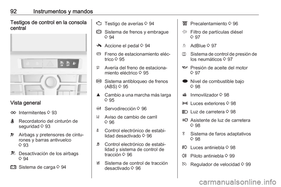 OPEL CASCADA 2016.5 Manual de Instrucciones (in Spanish) 92Instrumentos y mandosTestigos de control en la consola
central
Vista general
OIntermitentes 3 93XRecordatorio del cinturón de
seguridad 3 93vAirbags y pretensores de cintu‐
rones y barras antiv OPEL CASCADA 2016.5 Manual de Instrucciones (in Spanish) 92Instrumentos y mandosTestigos de control en la consola
central
Vista general
OIntermitentes 3 93XRecordatorio del cinturón de
seguridad 3 93vAirbags y pretensores de cintu‐
rones y barras antiv