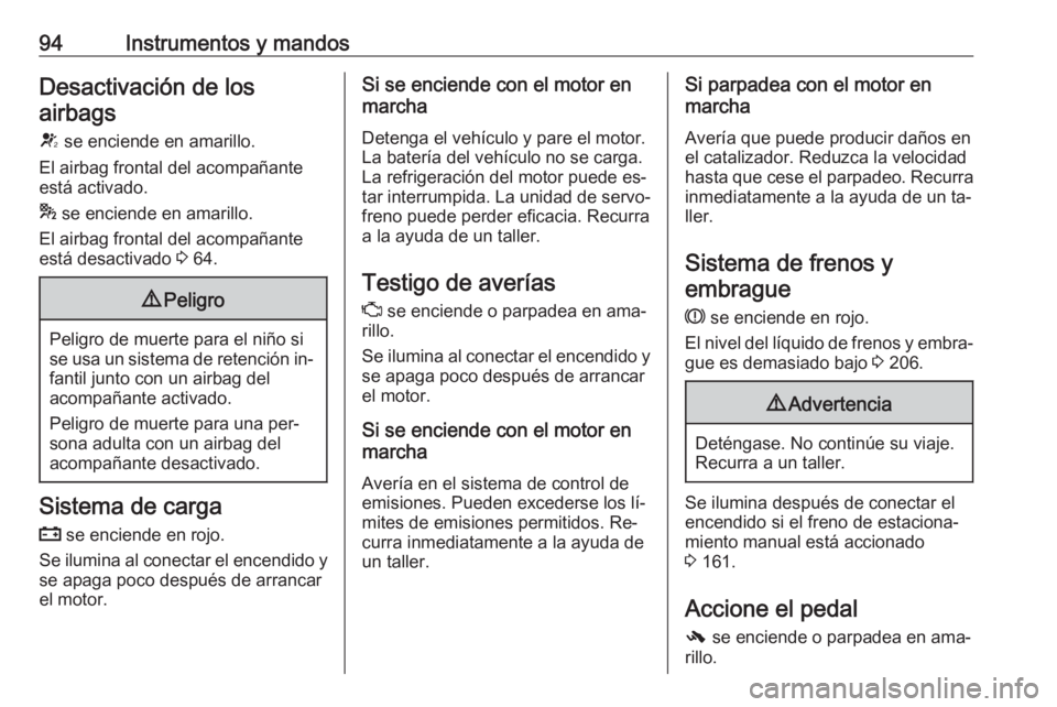 OPEL CASCADA 2016.5 Manual de Instrucciones (in Spanish) 94Instrumentos y mandosDesactivación de losairbags
V se enciende en amarillo.
El airbag frontal del acompañante
está activado.
* se enciende en amarillo.
El airbag frontal del acompañante
está OPEL CASCADA 2016.5 Manual de Instrucciones (in Spanish) 94Instrumentos y mandosDesactivación de losairbags
V se enciende en amarillo.
El airbag frontal del acompañante
está activado.
* se enciende en amarillo.
El airbag frontal del acompañante
está