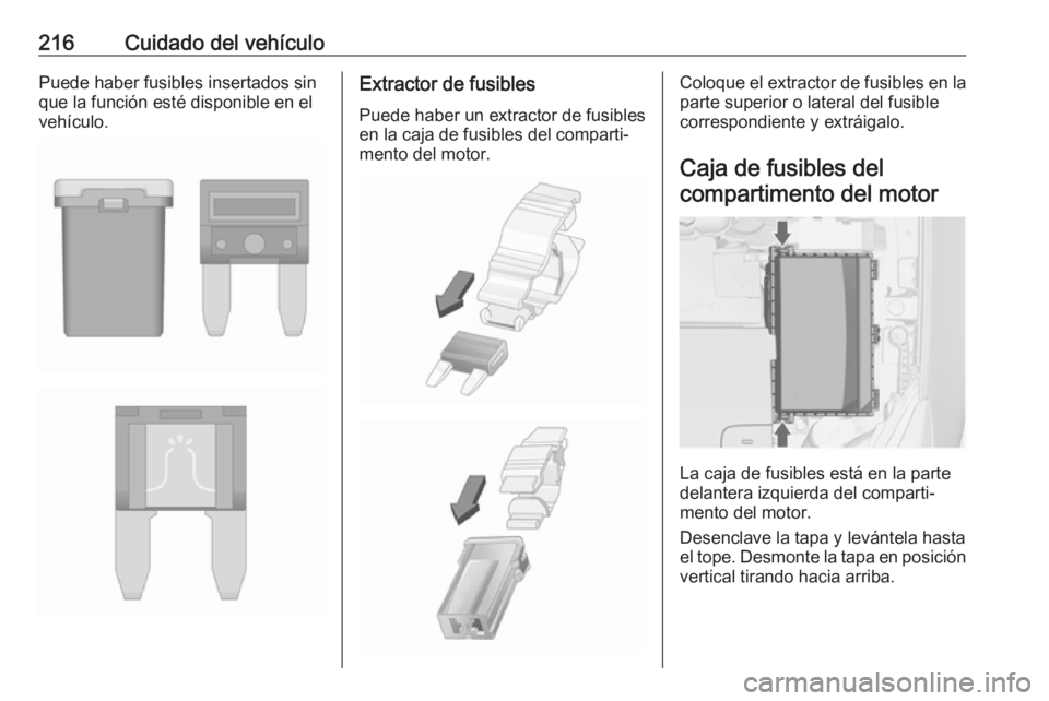 OPEL CASCADA 2017 Manual de Instrucciones (in Spanish) 216Cuidado del vehículoPuede haber fusibles insertados sin
que la función esté disponible en el
vehículo.Extractor de fusibles
Puede haber un extractor de fusibles
en la caja de fusibles del compa OPEL CASCADA 2017 Manual de Instrucciones (in Spanish) 216Cuidado del vehículoPuede haber fusibles insertados sin
que la función esté disponible en el
vehículo.Extractor de fusibles
Puede haber un extractor de fusibles
en la caja de fusibles del compa