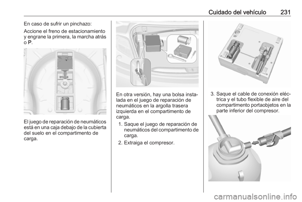 OPEL CASCADA 2017 Manual de Instrucciones (in Spanish) Cuidado del vehículo231En caso de sufrir un pinchazo:
Accione el freno de estacionamiento
y engrane la primera, la marcha atrás
o P.
El juego de reparación de neumáticos
está en una caja debajo OPEL CASCADA 2017 Manual de Instrucciones (in Spanish) Cuidado del vehículo231En caso de sufrir un pinchazo:
Accione el freno de estacionamiento
y engrane la primera, la marcha atrás
o P.
El juego de reparación de neumáticos
está en una caja debajo