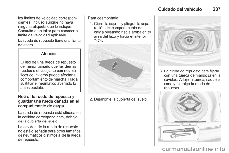 OPEL CASCADA 2017 Manual de Instrucciones (in Spanish) Cuidado del vehículo237los límites de velocidad correspon‐
dientes, incluso aunque no haya ninguna etiqueta que lo indique.
Consulte a un taller para conocer el
límite de velocidad aplicable.
La OPEL CASCADA 2017 Manual de Instrucciones (in Spanish) Cuidado del vehículo237los límites de velocidad correspon‐
dientes, incluso aunque no haya ninguna etiqueta que lo indique.
Consulte a un taller para conocer el
límite de velocidad aplicable.
La