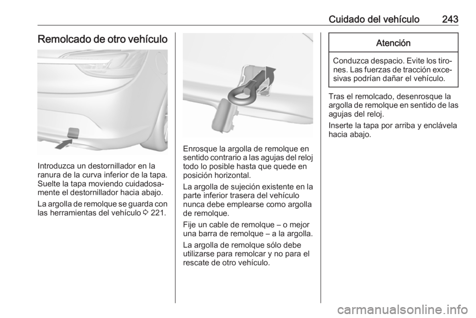 OPEL CASCADA 2017 Manual de Instrucciones (in Spanish) Cuidado del vehículo243Remolcado de otro vehículo
Introduzca un destornillador en la
ranura de la curva inferior de la tapa.
Suelte la tapa moviendo cuidadosa‐
mente el destornillador hacia abajo. OPEL CASCADA 2017 Manual de Instrucciones (in Spanish) Cuidado del vehículo243Remolcado de otro vehículo
Introduzca un destornillador en la
ranura de la curva inferior de la tapa.
Suelte la tapa moviendo cuidadosa‐
mente el destornillador hacia abajo.