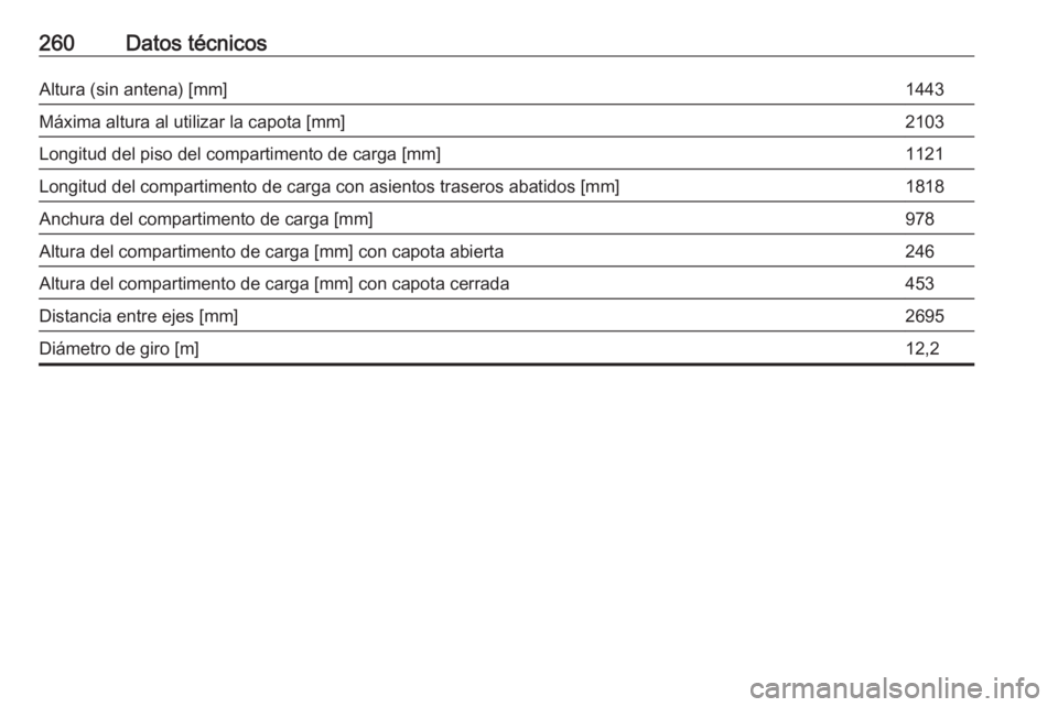OPEL CASCADA 2017  Manual de Instrucciones (in Spanish) 260Datos técnicosAltura (sin antena) [mm]1443Máxima altura al utilizar la capota [mm]2103Longitud del piso del compartimento de carga [mm]1121Longitud del compartimento de carga con asientos trasero