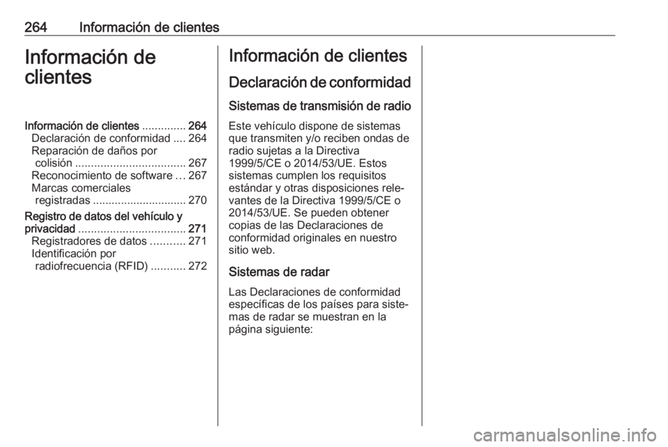 OPEL CASCADA 2017 Manual de Instrucciones (in Spanish) 264Información de clientesInformación de
clientesInformación de clientes ..............264
Declaración de conformidad ....264
Reparación de daños por colisión .................................. OPEL CASCADA 2017 Manual de Instrucciones (in Spanish) 264Información de clientesInformación de
clientesInformación de clientes ..............264
Declaración de conformidad ....264
Reparación de daños por colisión ..................................