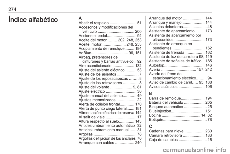 OPEL CASCADA 2017 Manual de Instrucciones (in Spanish) 274Índice alfabéticoAAbatir el respaldo ......................... 51
Accesorios y modificaciones del vehículo .................................. 200
Accione el pedal ........................... 94 OPEL CASCADA 2017 Manual de Instrucciones (in Spanish) 274Índice alfabéticoAAbatir el respaldo ......................... 51
Accesorios y modificaciones del vehículo .................................. 200
Accione el pedal ........................... 94