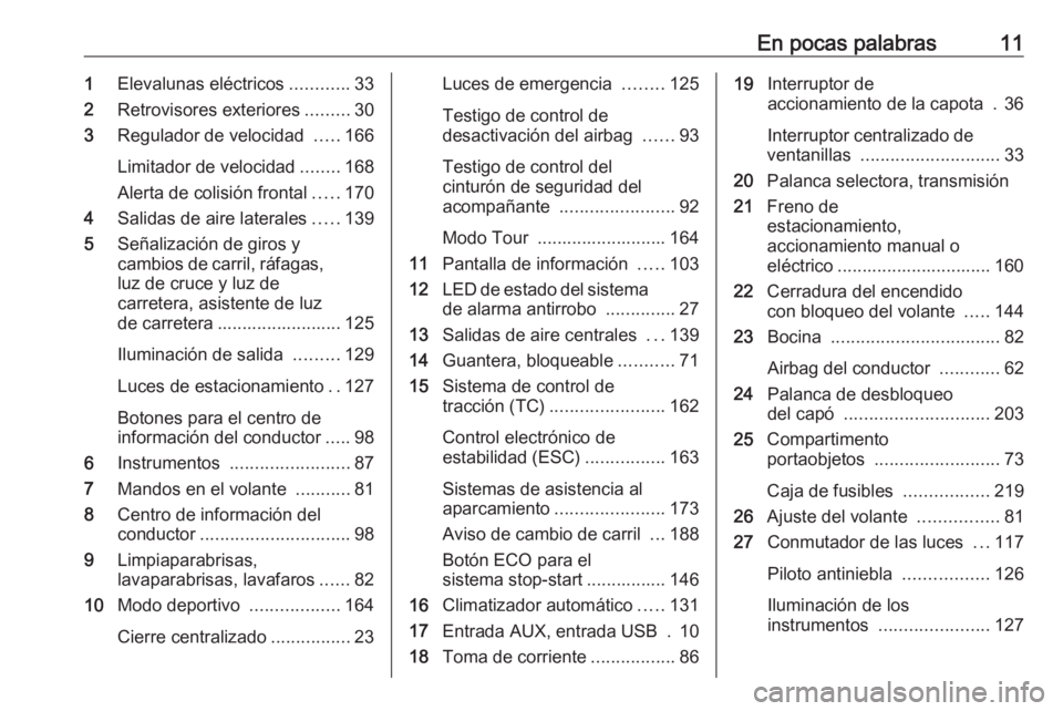 OPEL CASCADA 2017.5  Manual de Instrucciones (in Spanish) En pocas palabras111Elevalunas eléctricos ............33
2 Retrovisores exteriores .........30
3 Regulador de velocidad  .....166
Limitador de velocidad ........168
Alerta de colisión frontal .....1