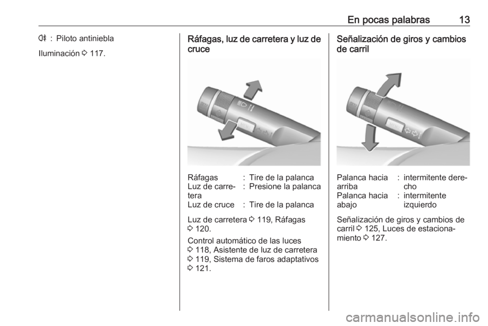 OPEL CASCADA 2017.5  Manual de Instrucciones (in Spanish) En pocas palabras13r:Piloto antiniebla
Iluminación 3 117.
Ráfagas, luz de carretera y luz de
cruceRáfagas:Tire de la palancaLuz de carre‐
tera:Presione la palancaLuz de cruce:Tire de la palanca
L