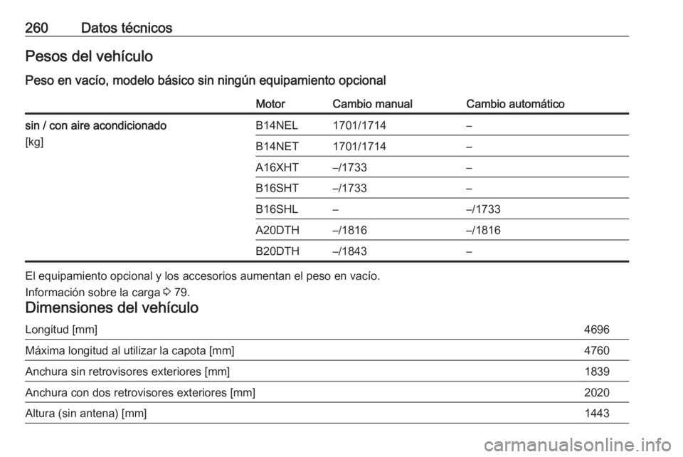 OPEL CASCADA 2017.5  Manual de Instrucciones (in Spanish) 260Datos técnicosPesos del vehículoPeso en vacío, modelo básico sin ningún equipamiento opcionalMotorCambio manualCambio automáticosin / con aire acondicionado
[kg]B14NEL1701/1714–B14NET1701/1