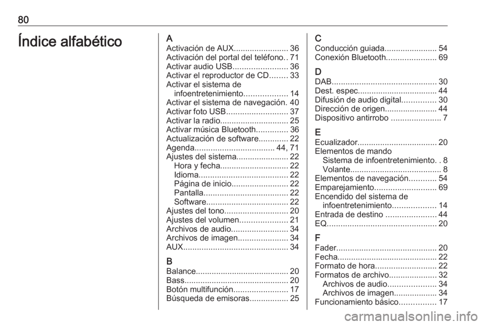 OPEL CASCADA 2018 Manual de infoentretenimiento (in Spanish) 80Índice alfabéticoAActivación de AUX ........................36
Activación del portal del teléfono ..71
Activar audio USB ........................36
Activar el reproductor de CD ........33
Activ OPEL CASCADA 2018 Manual de infoentretenimiento (in Spanish) 80Índice alfabéticoAActivación de AUX ........................36
Activación del portal del teléfono ..71
Activar audio USB ........................36
Activar el reproductor de CD ........33
Activ