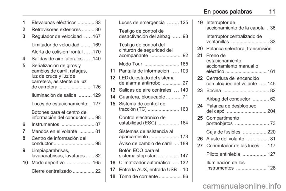 OPEL CASCADA 2018 Manual de Instrucciones (in Spanish) En pocas palabras111Elevalunas eléctricos ............33
2 Retrovisores exteriores .........30
3 Regulador de velocidad .....167
Limitador de velocidad ........169
Alerta de colisión frontal .....1 OPEL CASCADA 2018 Manual de Instrucciones (in Spanish) En pocas palabras111Elevalunas eléctricos ............33
2 Retrovisores exteriores .........30
3 Regulador de velocidad .....167
Limitador de velocidad ........169
Alerta de colisión frontal .....1