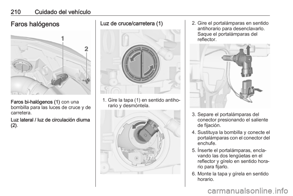 OPEL CASCADA 2018 Manual de Instrucciones (in Spanish) 210Cuidado del vehículoFaros halógenos
Faros bi-halógenos (1) con una
bombilla para las luces de cruce y de
carretera.
Luz lateral / luz de circulación diurna
(2) .
Luz de cruce/carretera (1)
1.Gi OPEL CASCADA 2018 Manual de Instrucciones (in Spanish) 210Cuidado del vehículoFaros halógenos
Faros bi-halógenos (1) con una
bombilla para las luces de cruce y de
carretera.
Luz lateral / luz de circulación diurna
(2) .
Luz de cruce/carretera (1)
1.Gi