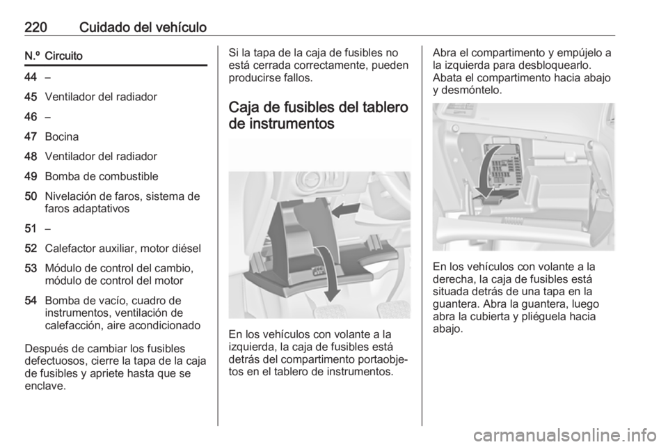 OPEL CASCADA 2018  Manual de Instrucciones (in Spanish) 220Cuidado del vehículoN.ºCircuito44–45Ventilador del radiador46–47Bocina48Ventilador del radiador49Bomba de combustible50Nivelación de faros, sistema de
faros adaptativos51–52Calefactor auxi