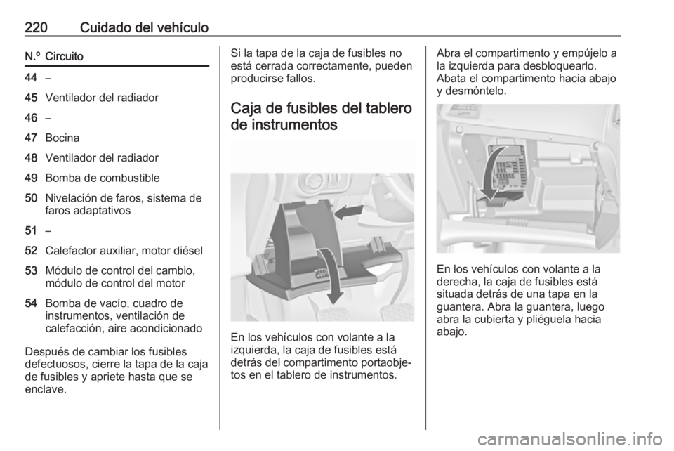 OPEL CASCADA 2018 Manual de Instrucciones (in Spanish) 220Cuidado del vehículoN.ºCircuito44–45Ventilador del radiador46–47Bocina48Ventilador del radiador49Bomba de combustible50Nivelación de faros, sistema de
faros adaptativos51–52Calefactor auxi OPEL CASCADA 2018 Manual de Instrucciones (in Spanish) 220Cuidado del vehículoN.ºCircuito44–45Ventilador del radiador46–47Bocina48Ventilador del radiador49Bomba de combustible50Nivelación de faros, sistema de
faros adaptativos51–52Calefactor auxi