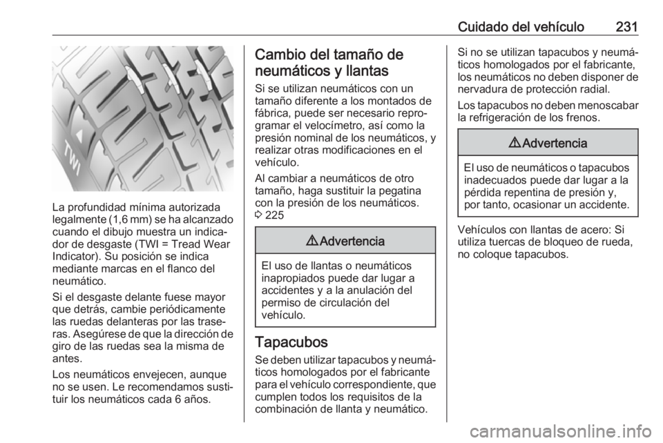 OPEL CASCADA 2018 Manual de Instrucciones (in Spanish) Cuidado del vehículo231
La profundidad mínima autorizada
legalmente (1,6 mm) se ha alcanzado
cuando el dibujo muestra un indica‐
dor de desgaste (TWI = Tread Wear
Indicator). Su posición se indic OPEL CASCADA 2018 Manual de Instrucciones (in Spanish) Cuidado del vehículo231
La profundidad mínima autorizada
legalmente (1,6 mm) se ha alcanzado
cuando el dibujo muestra un indica‐
dor de desgaste (TWI = Tread Wear
Indicator). Su posición se indic