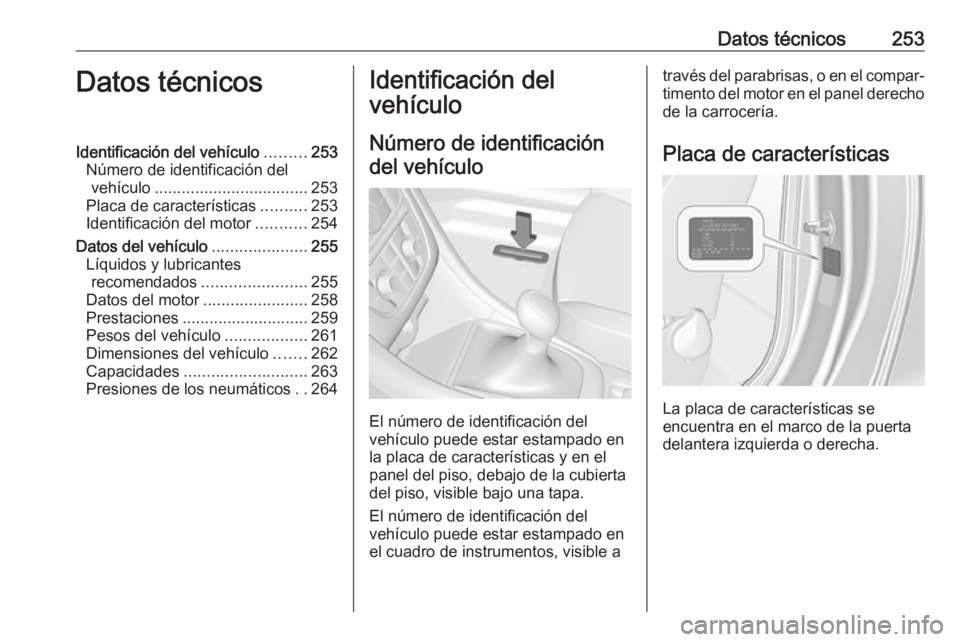 OPEL CASCADA 2018  Manual de Instrucciones (in Spanish) Datos técnicos253Datos técnicosIdentificación del vehículo.........253
Número de identificación del vehículo .................................. 253
Placa de características ..........253
Ident