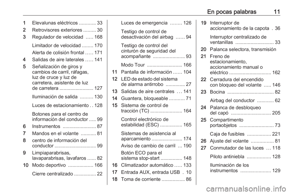 OPEL CASCADA 2018.5  Manual de Instrucciones (in Spanish) En pocas palabras111Elevalunas eléctricos ............33
2 Retrovisores exteriores .........30
3 Regulador de velocidad  .....168
Limitador de velocidad ........170
Alerta de colisión frontal .....1
