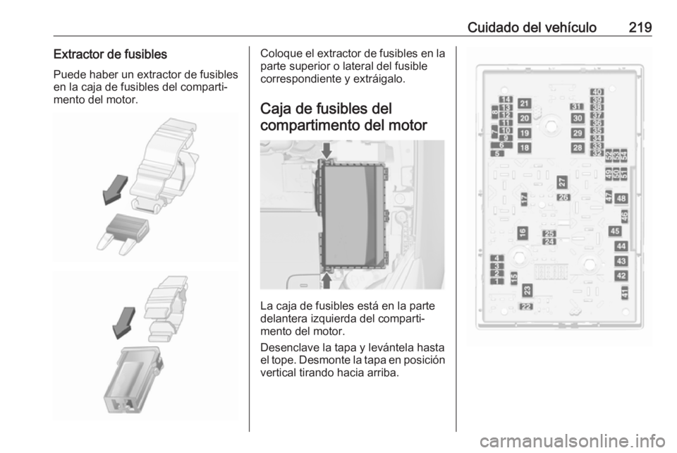 OPEL CASCADA 2018.5 Manual de Instrucciones (in Spanish) Cuidado del vehículo219Extractor de fusiblesPuede haber un extractor de fusiblesen la caja de fusibles del comparti‐
mento del motor.Coloque el extractor de fusibles en la
parte superior o lateral OPEL CASCADA 2018.5 Manual de Instrucciones (in Spanish) Cuidado del vehículo219Extractor de fusiblesPuede haber un extractor de fusiblesen la caja de fusibles del comparti‐
mento del motor.Coloque el extractor de fusibles en la
parte superior o lateral