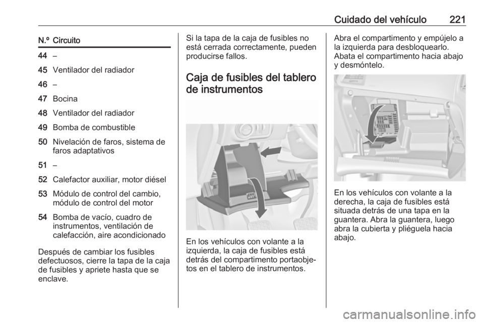 OPEL CASCADA 2018.5 Manual de Instrucciones (in Spanish) Cuidado del vehículo221N.ºCircuito44–45Ventilador del radiador46–47Bocina48Ventilador del radiador49Bomba de combustible50Nivelación de faros, sistema de
faros adaptativos51–52Calefactor auxi OPEL CASCADA 2018.5 Manual de Instrucciones (in Spanish) Cuidado del vehículo221N.ºCircuito44–45Ventilador del radiador46–47Bocina48Ventilador del radiador49Bomba de combustible50Nivelación de faros, sistema de
faros adaptativos51–52Calefactor auxi