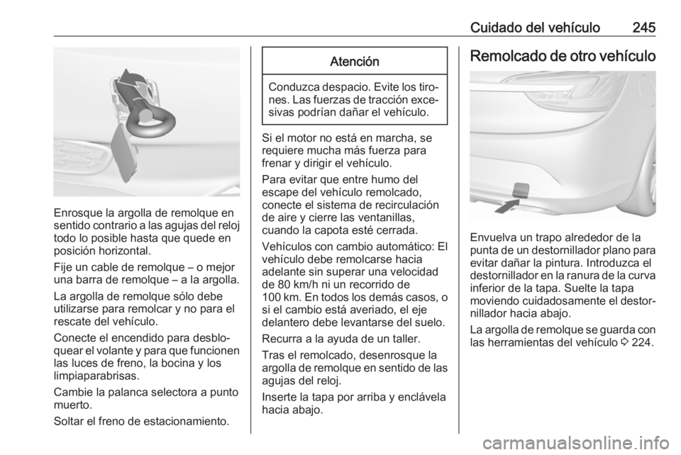 OPEL CASCADA 2018.5  Manual de Instrucciones (in Spanish) Cuidado del vehículo245
Enrosque la argolla de remolque en
sentido contrario a las agujas del reloj todo lo posible hasta que quede en
posición horizontal.
Fije un cable de remolque – o mejor
una 
