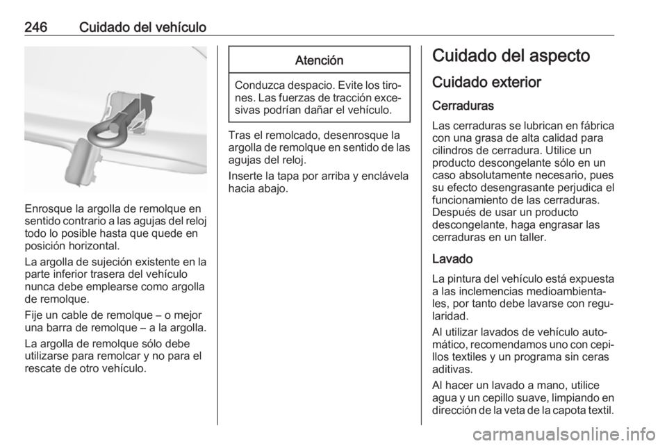 OPEL CASCADA 2018.5  Manual de Instrucciones (in Spanish) 246Cuidado del vehículo
Enrosque la argolla de remolque en
sentido contrario a las agujas del reloj todo lo posible hasta que quede en
posición horizontal.
La argolla de sujeción existente en la
pa