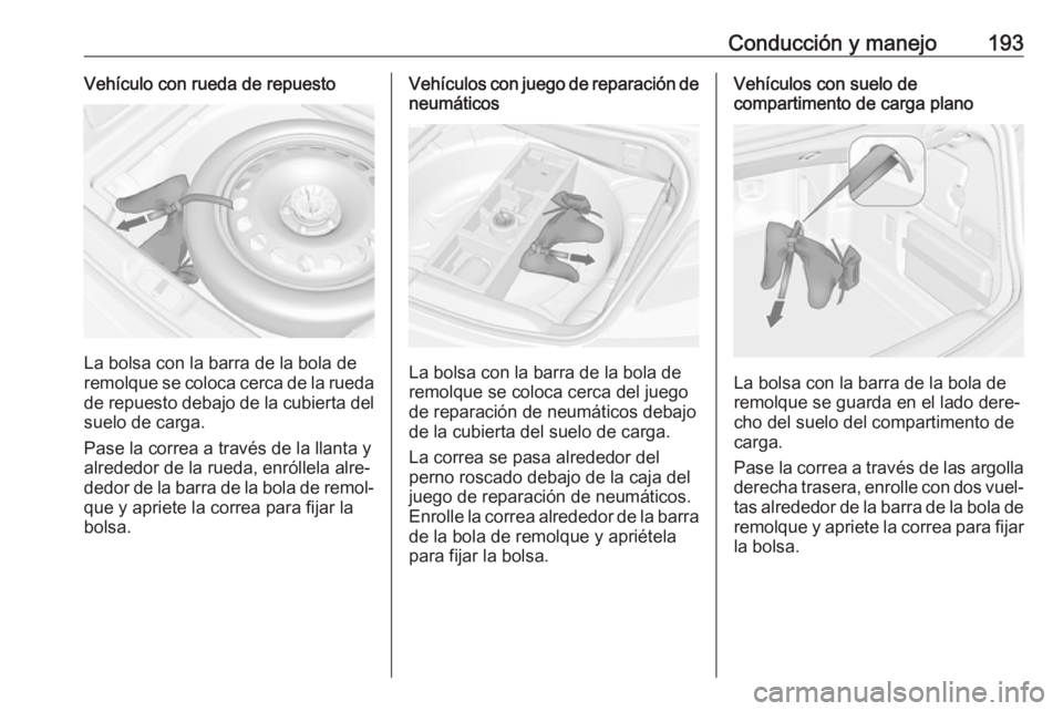 OPEL CASCADA 2019 Manual de Instrucciones (in Spanish) Conducción y manejo193Vehículo con rueda de repuesto
La bolsa con la barra de la bola de
remolque se coloca cerca de la rueda
de repuesto debajo de la cubierta del suelo de carga.
Pase la correa a t OPEL CASCADA 2019 Manual de Instrucciones (in Spanish) Conducción y manejo193Vehículo con rueda de repuesto
La bolsa con la barra de la bola de
remolque se coloca cerca de la rueda
de repuesto debajo de la cubierta del suelo de carga.
Pase la correa a t