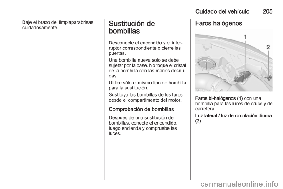 OPEL CASCADA 2019 Manual de Instrucciones (in Spanish) Cuidado del vehículo205Baje el brazo del limpiaparabrisas
cuidadosamente.Sustitución de
bombillas
Desconecte el encendido y el inter‐
ruptor correspondiente o cierre las
puertas.
Una bombilla nuev OPEL CASCADA 2019 Manual de Instrucciones (in Spanish) Cuidado del vehículo205Baje el brazo del limpiaparabrisas
cuidadosamente.Sustitución de
bombillas
Desconecte el encendido y el inter‐
ruptor correspondiente o cierre las
puertas.
Una bombilla nuev