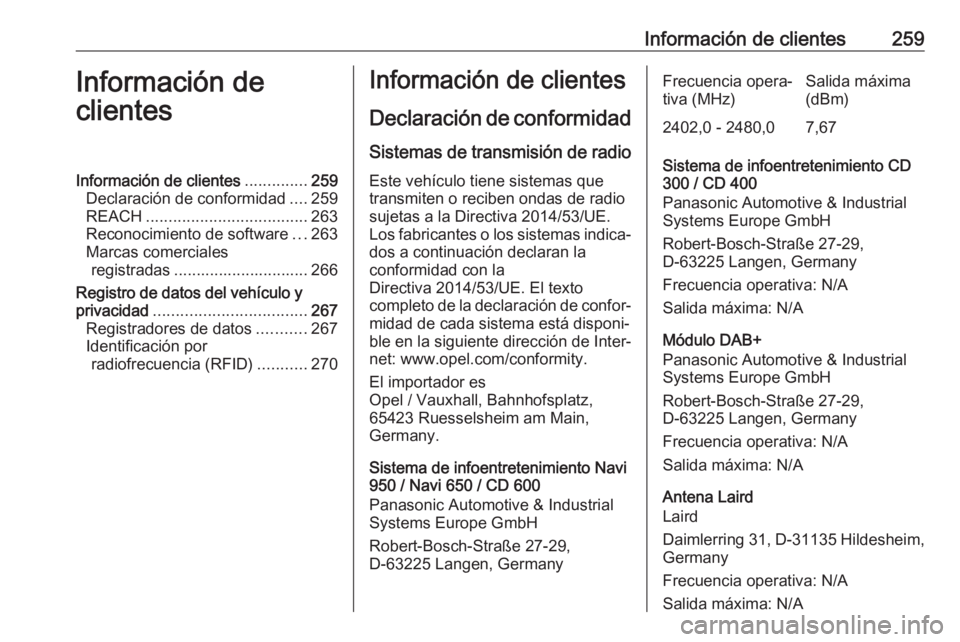 OPEL CASCADA 2019 Manual de Instrucciones (in Spanish) Información de clientes259Información de
clientesInformación de clientes ..............259
Declaración de conformidad ....259
REACH .................................... 263
Reconocimiento de softw OPEL CASCADA 2019 Manual de Instrucciones (in Spanish) Información de clientes259Información de
clientesInformación de clientes ..............259
Declaración de conformidad ....259
REACH .................................... 263
Reconocimiento de softw