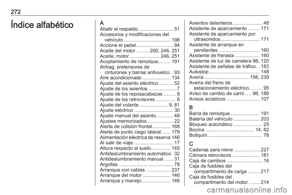 OPEL CASCADA 2019  Manual de Instrucciones (in Spanish) 272Índice alfabéticoAAbatir el respaldo ......................... 51
Accesorios y modificaciones del vehículo  .................................. 198
Accione el pedal ........................... 94