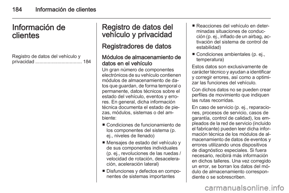 OPEL COMBO 2014 Manual de Instrucciones (in Spanish) 184Información de clientesInformación de
clientesRegistro de datos del vehículo y
privacidad .................................. 184Registro de datos del
vehículo y privacidad
Registradores de dato OPEL COMBO 2014 Manual de Instrucciones (in Spanish) 184Información de clientesInformación de
clientesRegistro de datos del vehículo y
privacidad .................................. 184Registro de datos del
vehículo y privacidad
Registradores de dato