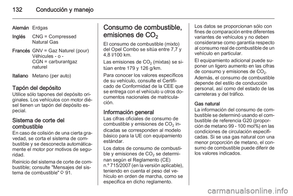 OPEL COMBO 2015 Manual de Instrucciones (in Spanish) 132Conducción y manejo
AlemánErdgasInglésCNG = Compressed
Natural GasFrancésGNV = Gaz Naturel (pour)
Véhicules - o -
CGN = carburantgaz
naturelItalianoMetano (per auto)
Tapón del depósito
Utili OPEL COMBO 2015 Manual de Instrucciones (in Spanish) 132Conducción y manejo
AlemánErdgasInglésCNG = Compressed
Natural GasFrancésGNV = Gaz Naturel (pour)
Véhicules - o -
CGN = carburantgaz
naturelItalianoMetano (per auto)
Tapón del depósito
Utili