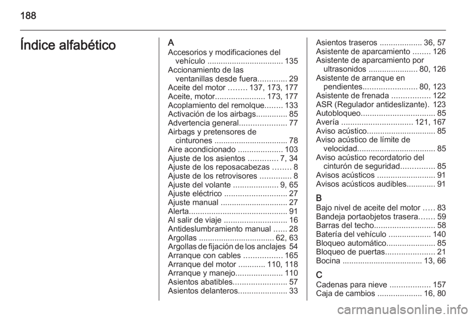 OPEL COMBO 2015 Manual de Instrucciones (in Spanish) 188Índice alfabéticoAAccesorios y modificaciones del vehículo .................................. 135
Accionamiento de las ventanillas desde fuera .............29
Aceite del motor ........137, 173 OPEL COMBO 2015 Manual de Instrucciones (in Spanish) 188Índice alfabéticoAAccesorios y modificaciones del vehículo .................................. 135
Accionamiento de las ventanillas desde fuera .............29
Aceite del motor ........137, 173