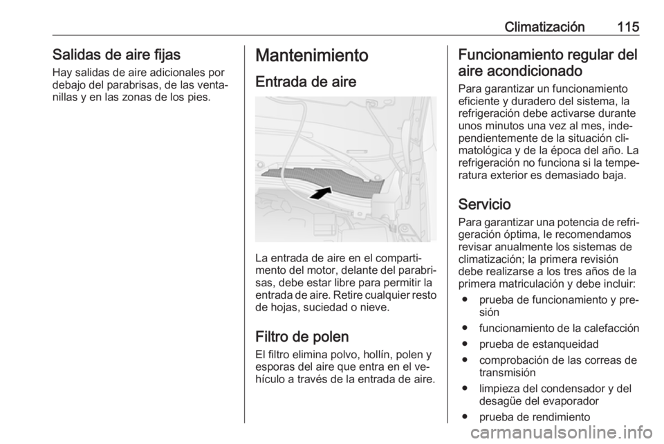 OPEL COMBO 2016  Manual de Instrucciones (in Spanish) Climatización115Salidas de aire fijas
Hay salidas de aire adicionales por
debajo del parabrisas, de las venta‐
nillas y en las zonas de los pies.Mantenimiento
Entrada de aire
La entrada de aire en 