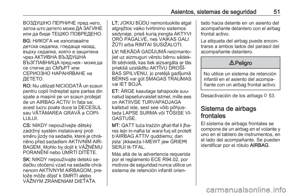 OPEL COMBO 2016 Manual de Instrucciones (in Spanish) Asientos, sistemas de seguridad51ВОЗДУШНО ПЕРНИЧЕ пред него,
затоа што детето може ДА ЗАГИНЕ
или да биде ТЕШКО ПОВРЕДЕНО.
BG: OPEL COMBO 2016 Manual de Instrucciones (in Spanish) Asientos, sistemas de seguridad51ВОЗДУШНО ПЕРНИЧЕ пред него,
затоа што детето може ДА ЗАГИНЕ
или да биде ТЕШКО ПОВРЕДЕНО.
BG: