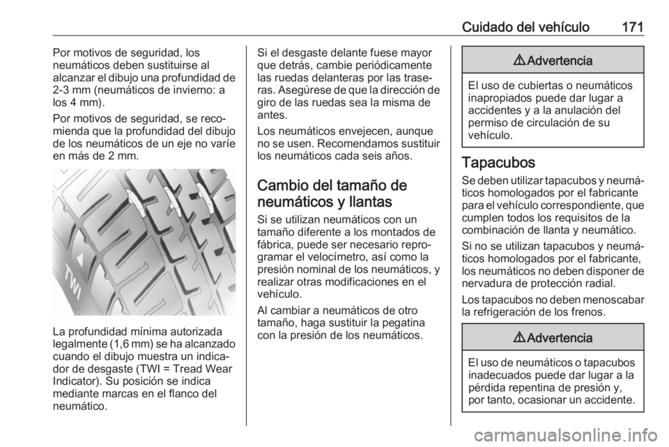 OPEL COMBO 2017 Manual de Instrucciones (in Spanish) Cuidado del vehículo171Por motivos de seguridad, los
neumáticos deben sustituirse al
alcanzar el dibujo una profundidad de
2-3 mm (neumáticos de invierno: a
los 4 mm).
Por motivos de seguridad, se OPEL COMBO 2017 Manual de Instrucciones (in Spanish) Cuidado del vehículo171Por motivos de seguridad, los
neumáticos deben sustituirse al
alcanzar el dibujo una profundidad de
2-3 mm (neumáticos de invierno: a
los 4 mm).
Por motivos de seguridad, se