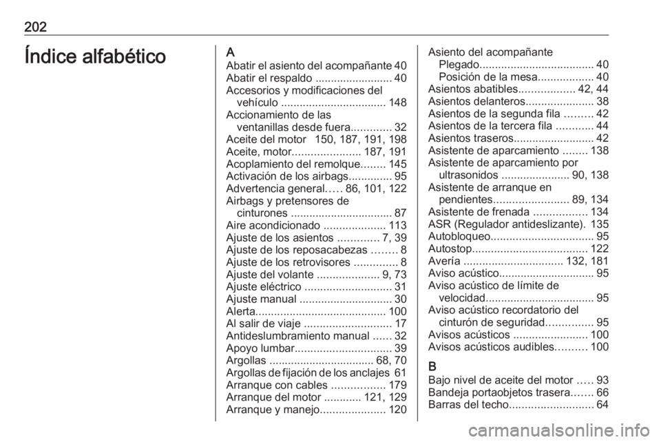 OPEL COMBO 2017 Manual de Instrucciones (in Spanish) 202Índice alfabéticoAAbatir el asiento del acompañante 40
Abatir el respaldo ......................... 40 Accesorios y modificaciones del vehículo .................................. 148
Accionami OPEL COMBO 2017 Manual de Instrucciones (in Spanish) 202Índice alfabéticoAAbatir el asiento del acompañante 40
Abatir el respaldo ......................... 40 Accesorios y modificaciones del vehículo .................................. 148
Accionami