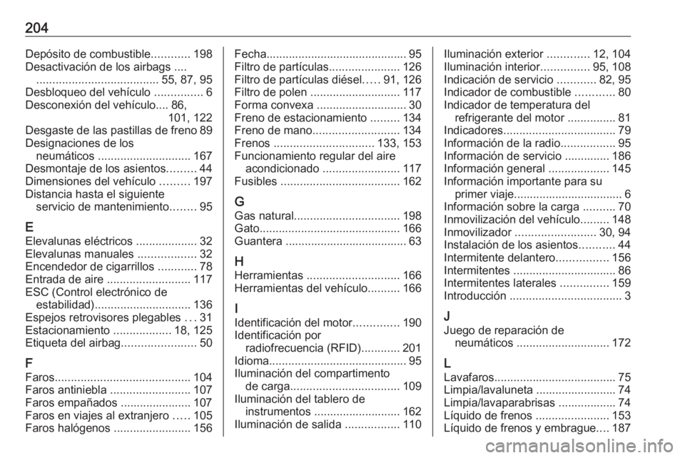 OPEL COMBO 2017  Manual de Instrucciones (in Spanish) 204Depósito de combustible............198
Desactivación de los airbags .... ...................................... 55, 87, 95
Desbloqueo del vehículo  ...............6
Desconexión del vehículo...