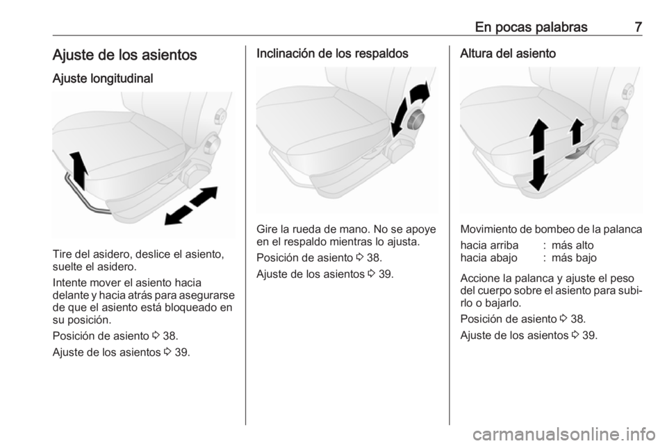 OPEL COMBO 2017 Manual de Instrucciones (in Spanish) En pocas palabras7Ajuste de los asientosAjuste longitudinal
Tire del asidero, deslice el asiento,
suelte el asidero.
Intente mover el asiento hacia
delante y hacia atrás para asegurarse
de que el asi OPEL COMBO 2017 Manual de Instrucciones (in Spanish) En pocas palabras7Ajuste de los asientosAjuste longitudinal
Tire del asidero, deslice el asiento,
suelte el asidero.
Intente mover el asiento hacia
delante y hacia atrás para asegurarse
de que el asi
