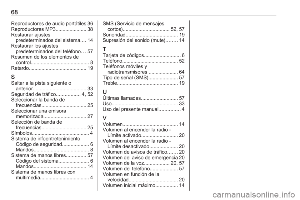 OPEL COMBO D 2018 Manual de infoentretenimiento (in Spanish) 68Reproductores de audio portátiles 36
Reproductores MP3...................... 38
Restaurar ajustes predeterminados del sistema ....14
Restaurar los ajustes predeterminados del teléfono ...57
Resume OPEL COMBO D 2018 Manual de infoentretenimiento (in Spanish) 68Reproductores de audio portátiles 36
Reproductores MP3...................... 38
Restaurar ajustes predeterminados del sistema ....14
Restaurar los ajustes predeterminados del teléfono ...57
Resume