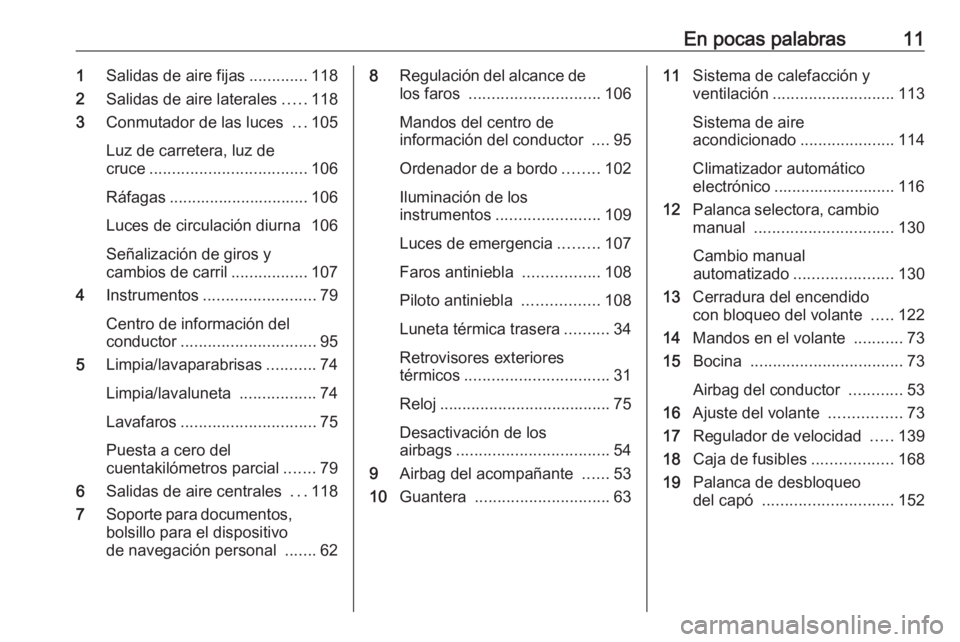 OPEL COMBO D 2018  Manual de Instrucciones (in Spanish) En pocas palabras111Salidas de aire fijas .............118
2 Salidas de aire laterales .....118
3 Conmutador de las luces  ...105
Luz de carretera, luz de
cruce ................................... 106