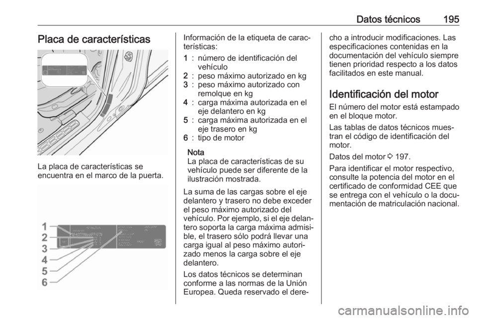 OPEL COMBO D 2018 Manual de Instrucciones (in Spanish) Datos técnicos195Placa de características
La placa de características se
encuentra en el marco de la puerta.
Información de la etiqueta de carac‐
terísticas:1:número de identificación del veh OPEL COMBO D 2018 Manual de Instrucciones (in Spanish) Datos técnicos195Placa de características
La placa de características se
encuentra en el marco de la puerta.
Información de la etiqueta de carac‐
terísticas:1:número de identificación del veh